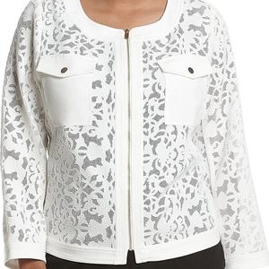 Floral textured lace zip up white jacket bomber Epaulets